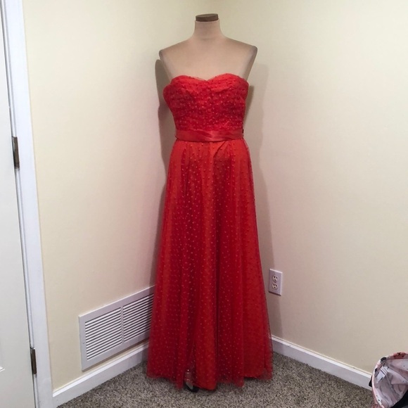Vintage Formal Maxi Dress Size XS Red Swiss Dot Strapless Ruched Bust Gown - Picture 2 of 9